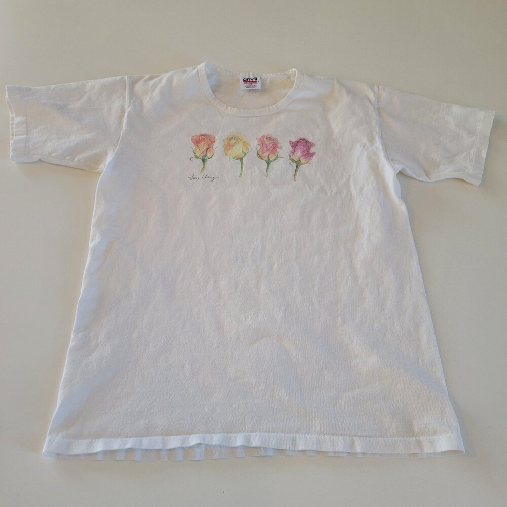 Vintage Anvil White T Shirt Womens Size Medium Made in USA Roses Single Stitch